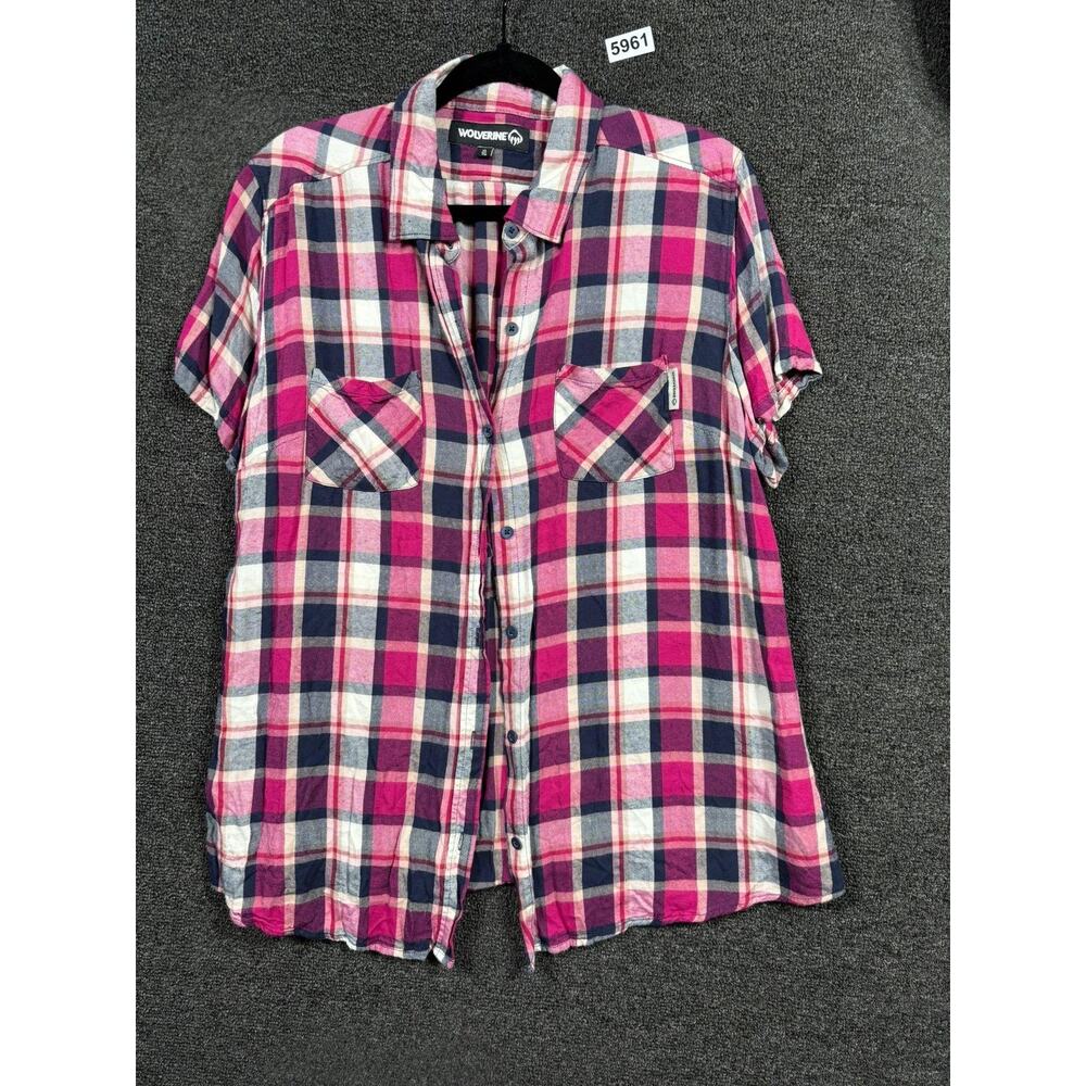 Wolverine Plaid Button Down Shirt Womens XL Pink Navy Short Sleeve Dual Pockets
